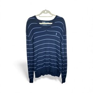 Polo Ralph Lauren Mens V Neck Striped Sweater Navy Blue Pima Cotton XL